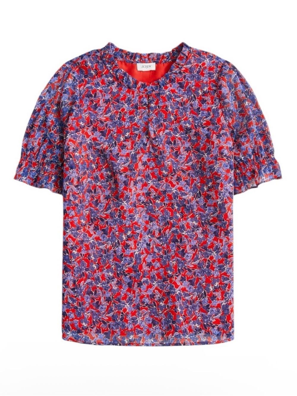J. Crew Red & Blue Floral Ruffled Notch-Neck Blouse - Picture 2 of 5